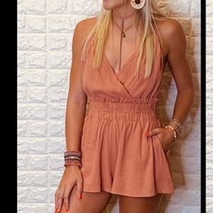 Strappy Open Back Coral Romper